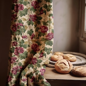 Burgundy Floral Linen Curtain: Vintage Cottagecore Botanical Panel