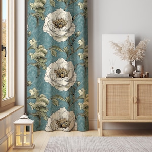 Vintage Floral Curtain Panel: Teal & White Flower Print, Cotton Blend