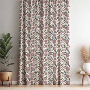 Floral Curtain Panel: Red & Blue Botanical Drapery, Vintage Style
