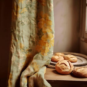 Yellow Floral Linen Curtain Panel: Vintage Bloom Print, Country Cottage Decor