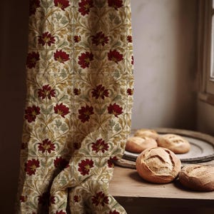 Vintage Floral Linen Curtain – William Morris Inspired Red Botanical Panel for Classic Home Decor