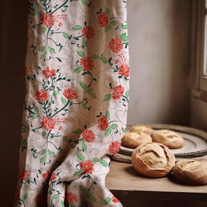 Floral Linen Curtain Panel – Romantic Red Rose Print on Natural Fabric, Vintage Botanical Window Treatment for Kitchen or Living Room