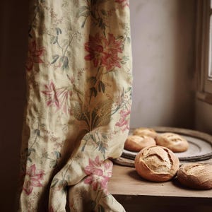 Vintage Floral Linen Curtain Panel – Red and Green Botanical Print Drapes for Cozy Cottage or Farmhouse Decor