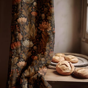 Autumn Bloom Linen Curtain – Dark Vintage Floral Panel with Beige & Rust Flowers – William Morris Inspired Drapery