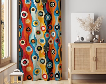 May include: A colorful curtain with a vibrant, abstract pattern of wavy lines and circles in shades of red, orange, yellow, blue, and black. The design creates a retro, eye-catching visual effect, suitable for home decor.