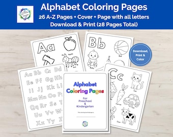 Alphabet Coloring Pages, Preschool A-Z Printable Learning Activity, PDF Download, 8.5" x 11"