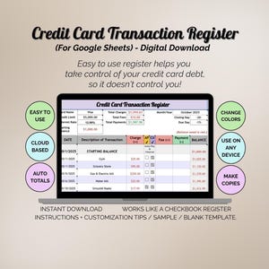 Kreditkortstransaktionsregister, budgetkalkylblad (digital nedladdning för Google Sheets)
