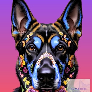 Dag van de Doden Duitse herder Elzasser portret | Digitale hondenkunst met suikerschedelontwerp | Halloween- of Día de los Muertos-cadeau