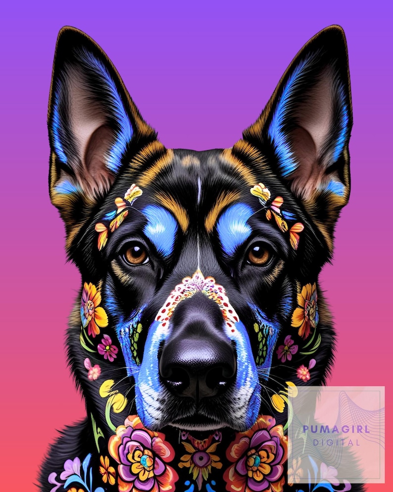 A digital art portrait of a German Shepherd dog with a black coat, adorned with colorful floral and butterfly designs in sugar skull themed Day of the Dead style. The dog's ears are outlined in blue, and the background transitions from purple to pink. The image includes the text "PUMAGIRL DIGITAL" in a watermark on the lower right corner.