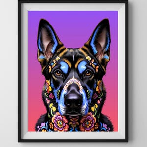 A framed and hung art print featuring a German Shepherd dog with a vibrant floral design. The dog has black fur with blue and yellow accents around the eyes and ears. The dog's face is adorned with a floral pattern, set against a gradient purple and pink background. Sugar skull portrait style. Gift idea for shepherd, Belgian Malinois, Dutch Shepherd, and Belgian Tervuren owners and lovers.