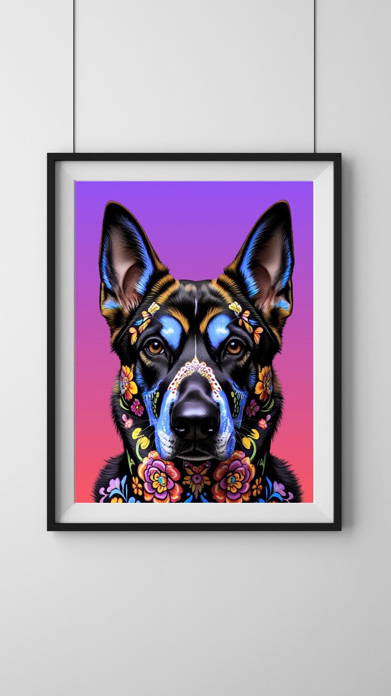 A framed and hung art print featuring a German Shepherd dog with a vibrant floral design. The dog has black fur with blue and yellow accents around the eyes and ears. The dog's face is adorned with a floral pattern, set against a gradient purple and pink background. Sugar skull portrait style. Gift idea for shepherd, Belgian Malinois, Dutch Shepherd, and Belgian Tervuren owners and lovers.