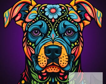 Pit Bull Pitbull Day of the Dead Style Digital Download | Sugar Skull Inspired Pittie Dog Art | Día de los Muertos | Colorful Dog Lover Gift
