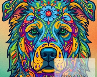 May include: A vibrant digital illustration of a dog face featuring intricate, colorful floral and paisley patterns in shades of blue, yellow, green, and red. The artwork includes the text PUMAGIRL DIGITAL overlaid in the bottom right corner.