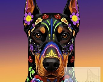 May include: A digital illustration of a Doberman Pinscher dog featuring vibrant, multi-colored floral patterns and intricate decorative designs across its black and tan fur. The text PUMAGIRL DIGITAL is visible in the lower right corner.