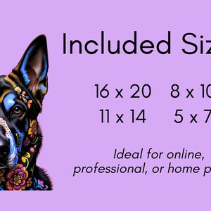 Printable art of a German Shepherd dog with colorful floral and geometric designs on a lavender background. The text "Included Sizes: 16 x 20, 8 x 10, 11 x 14, 5 x 7" is displayed. Sugar skull portrait style. Gift idea for shepherd, Belgian Malinois, Dutch Shepherd, and Belgian Tervuren owners and lovers, or those who celebrate Day of the Dead.