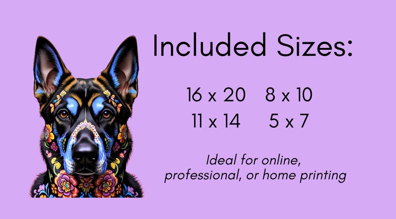 Printable art of a German Shepherd dog with colorful floral and geometric designs on a lavender background. The text "Included Sizes: 16 x 20, 8 x 10, 11 x 14, 5 x 7" is displayed. Sugar skull portrait style. Gift idea for shepherd, Belgian Malinois, Dutch Shepherd, and Belgian Tervuren owners and lovers, or those who celebrate Day of the Dead.