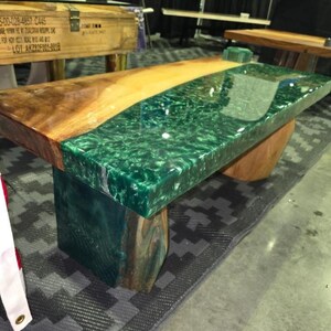 Handmade Monkeypod Bench: Jade Green Epoxy Resin Inlay, Teak Base