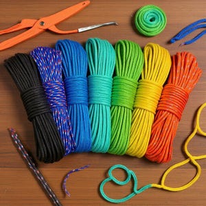 May include: A selection of brightly coloured ropes, including black, blue, green, yellow, and orange, neatly bundled and arranged on a wooden surface. Orange scissors and a small metal tool are also visible. A coiled green rope is also present.