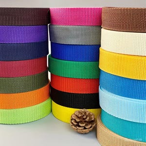 May include: Stacks of colorful nylon webbing in various shades, including brown, purple, pink, gray, blue, green, red, orange, black, yellow, and light blue. A pine cone rests in front of the stacks. The webbing is likely used for crafting or outdoor gear.