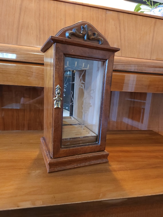 Vintage 1980s Etched Glass Tabletop Jewelry Armoire Cabinet