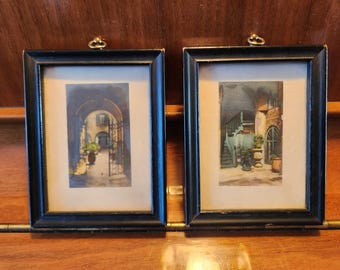 Vintage 1950s New Orleans French Quarter Miniature Hand Colored Photograph Prints Pair