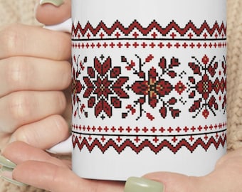 Taza de cerámica ucraniana bordada, diseño de arte popular hutsul