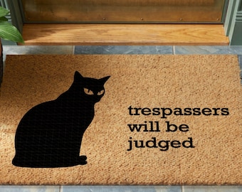 Funny Cat Doormat, Trespassers Will Be Judged, Cat Lover Doormat Gift, Welcome Mat Cat