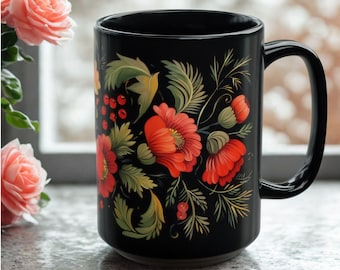 Taza de cerámica negra Petrykivka Folk Art, taza de café eslava con diseño floral, taza con flores (11 oz o 15 oz)
