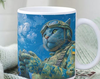 Taza de café del ejército ucraniano con forma de gato y operador de drones, regalo de apoyo al ejército ucraniano.