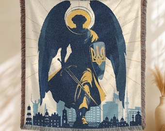 Ukrainian St Michael Archangel Woven Blanket, Kyiv Coat of Arms Tapestry, Ukraine Throw Blanket, Orthodox Christian Gift