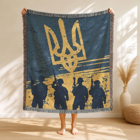 Ukraine Tryzub Woven Throw Blanket, Ukrainian Trident Jacquard Tapestry Blanket, Blue Yellow Sofa Throw, Gift for Ukrainian Family