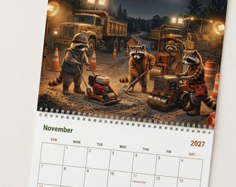 Funny Raccoon 2027 Wall Calendar, Trash Panda Illustrated Calendar, 12 Month Sunday or Monday Start, Quirky Animal Art, Weird Gag Gift