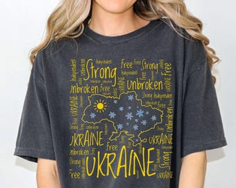 Ukraine Word Art T-Shirt, Blue Yellow Flag, Slava Ukraini Tee, Garment Dyed Unisex Shirt