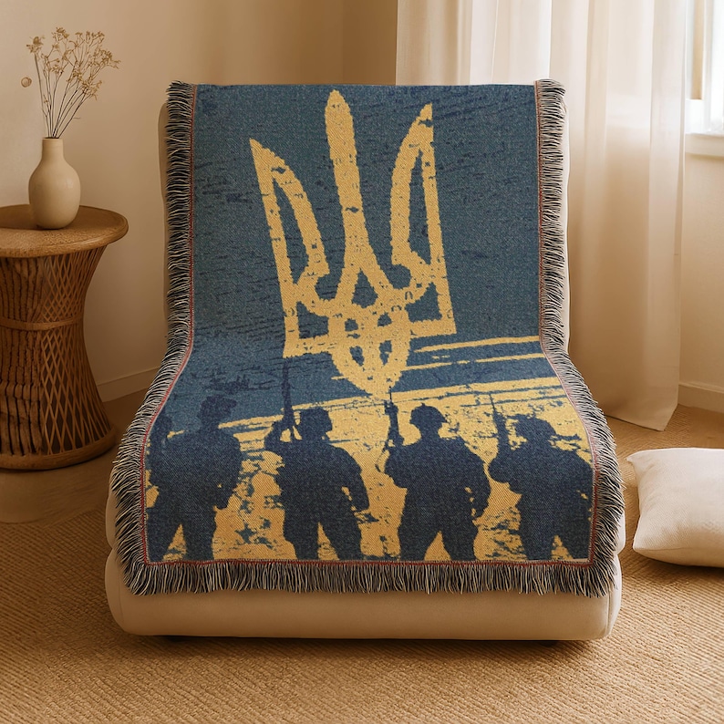 Ukraine Tryzub Woven Throw Blanket, Ukrainian Trident Jacquard Tapestry Blanket, Blue Yellow Sofa Throw, Gift for Ukrainian Family image 4