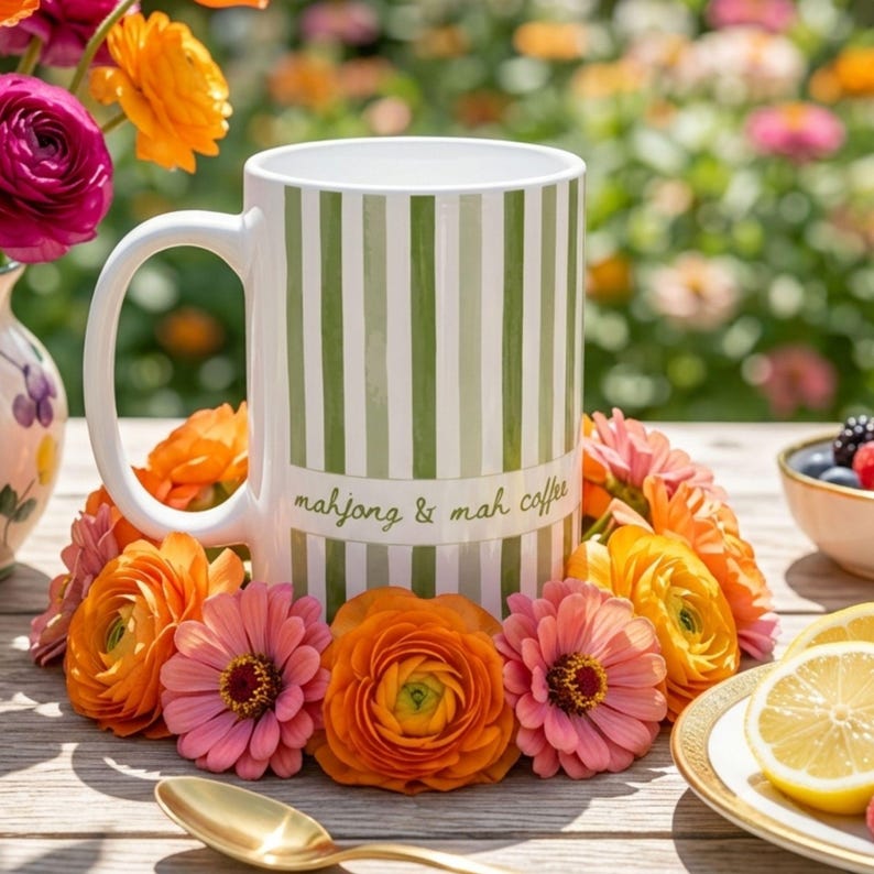 Puede incluir: Una taza de cer&aacute;mica blanca con rayas verticales verdes y el texto mahjong & mah coffee impreso en verde. La taza est&aacute; rodeada por un anillo de flores naranjas y rosas vibrantes, con una cuchara dorada sobre la superficie de madera.