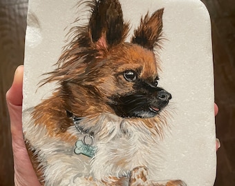 May include: Hand-painted portrait of a brown and white dog with black ears and a black nose. The dog is wearing a collar with a bone-shaped tag that says "Zipper".
