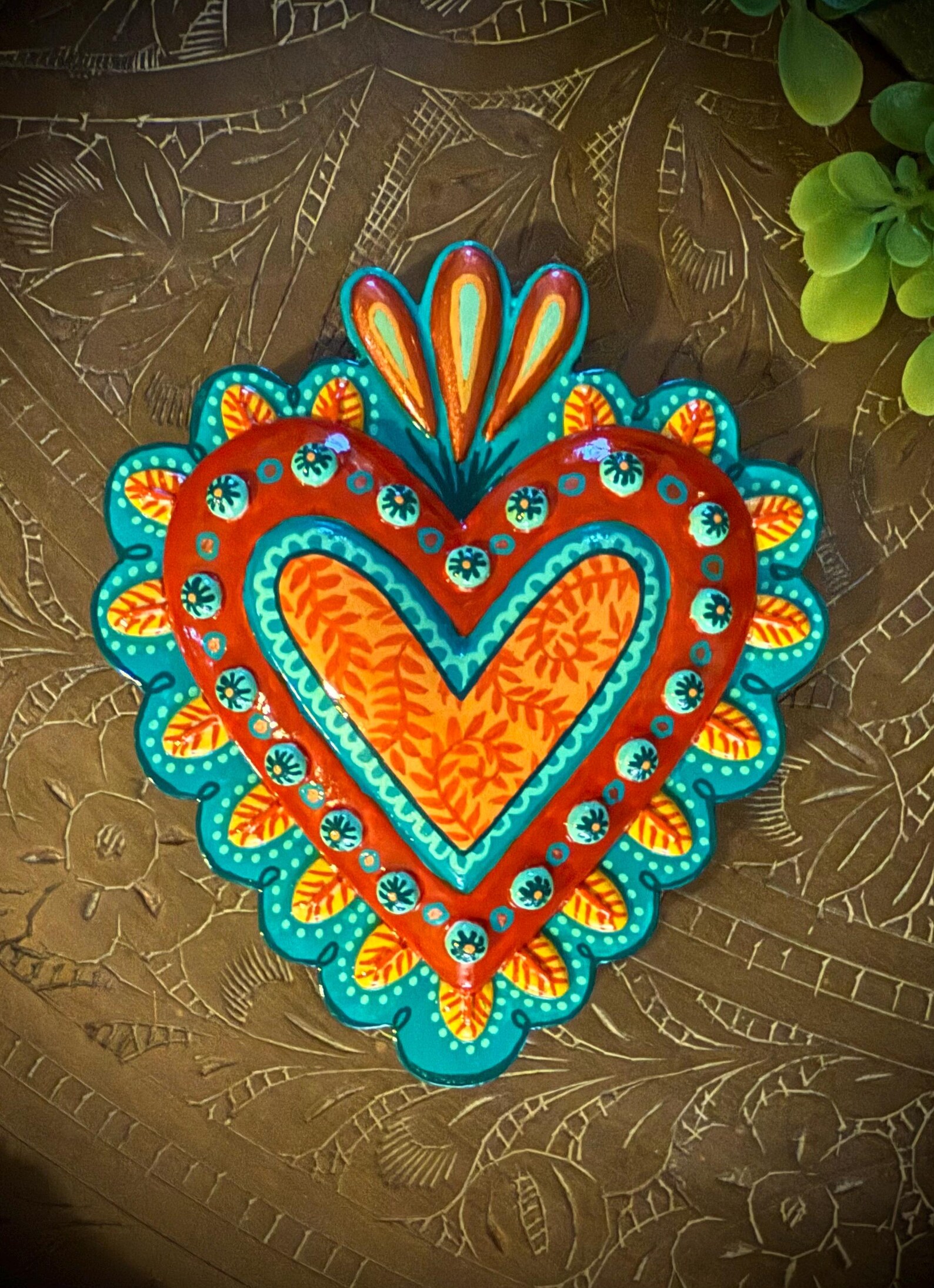 Sacred Heart Teal/rust Tones - Etsy