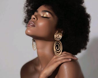 Vintage-Inspired Gold Geometric Spiral Drop Earrings | Abstract Cutout Statement Earrings Lightweight