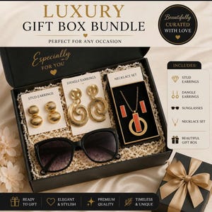 May include: A black gift box containing gold-toned stud earrings, gold-toned spiral dangle earrings, a necklace set with a rectangular pendant, and black sunglasses. The box lid features the text LUXURY GIFT BOX BUNDLE and ESPECIALLY FOR YOU.
