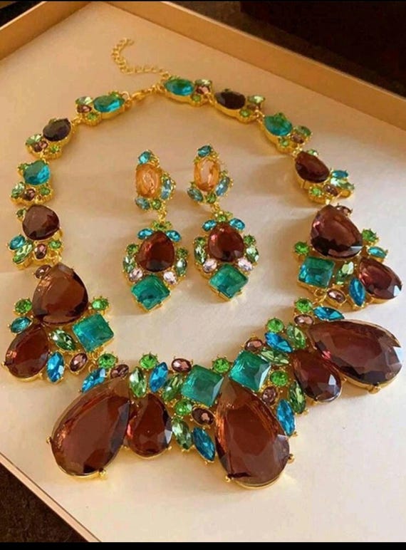 Statement Crystal Necklace Earrings Set, Multicolor Gemstone Bib, Vintage Inspired Glamour