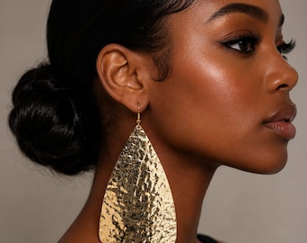 Gold Plated Hammered Teardrop Earrings • Oversized Textured Statement Dangles