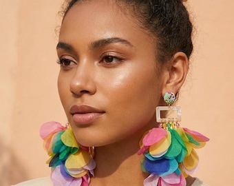 Boho Chiffon multicolored Floral Statement Earrings – Oversized Geometric Drop Dangles Vacation