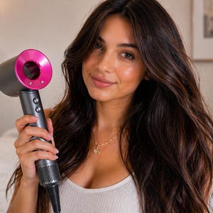 Może przedstawiać: Ciemnoszara i różowa suszarka do włosów z cylindryczną lufą i uchwytem z przyciskami sterowania. Suszarka do włosów ma elegancki, nowoczesny design. Na zdjęciu widać suszarkę do włosów trzymaną przez osobę.