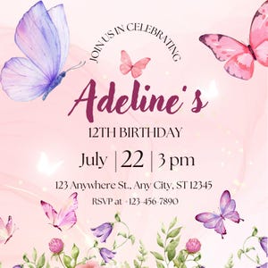 Faire-part d'anniversaire papillon et fleurs