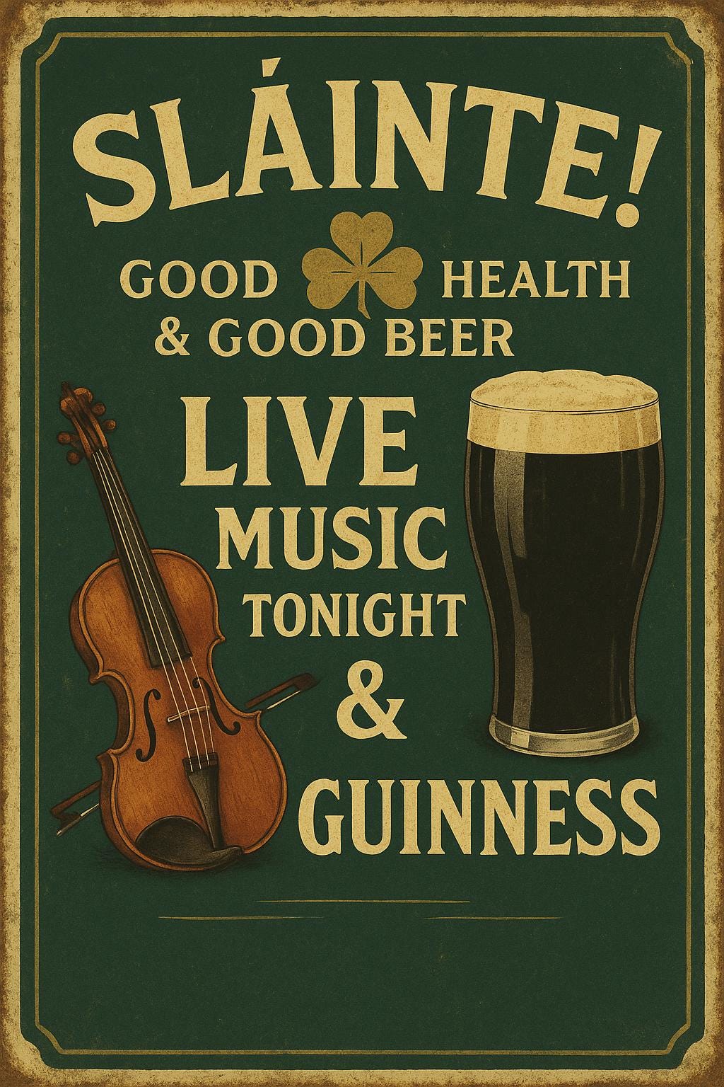 Sláinte! – Live Music & Guinness Irish Pub Sign (Vintage Print)