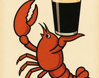 Póster vintage de langosta inspirado en Guinness / Arte mural retro de cerveza / Decoración de pub / Regalo de bar