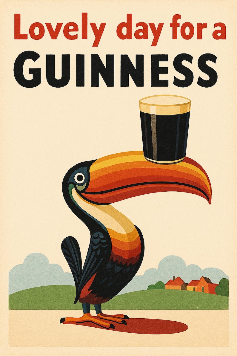 Op de afbeelding: Een vintage poster met een toekan die een pint Guinness balanceert. De toekan heeft een grote, kleurrijke snavel en staat tegen een cr&egrave;mekleurige achtergrond met de tekst "Lovely day for a Guinness" in rood en zwart.