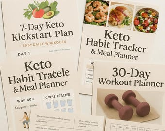 Può includere: Una raccolta di fogli stampati con titoli come "7-Day Keto Kickstart Plan" e "Keto Habit Tracker & Meal Planner". I fogli presentano illustrazioni di cibo e manubri, suggerendo un tema di salute e fitness. La combinazione di colori è principalmente beige e marrone.
