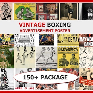 Pode incluir: Uma coleção de cartazes publicitários de boxe vintage. Os cartazes apresentam ilustrações de boxeadores, cenas de luta e anúncios de eventos. O texto "VINTAGE BOXING ADVERTISEMENT POSTER" é exibido em destaque. Inclui o texto "150+ PACKAGE".