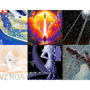 Op de afbeelding: Een collage van vintage illustraties met ruimtethema. Bevat een "LIFE" magazine cover met een kaart en vliegtuig, een raketlancering met een silhouet, een Sputnik satelliet, een futuristische stad met het woord "VENUS" en een ruimtestation dat de aarde omcirkelt.